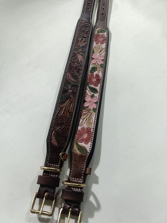 Briar Rose Collar & Lead Set — Hand-Tooled & Hand-Painted Leather