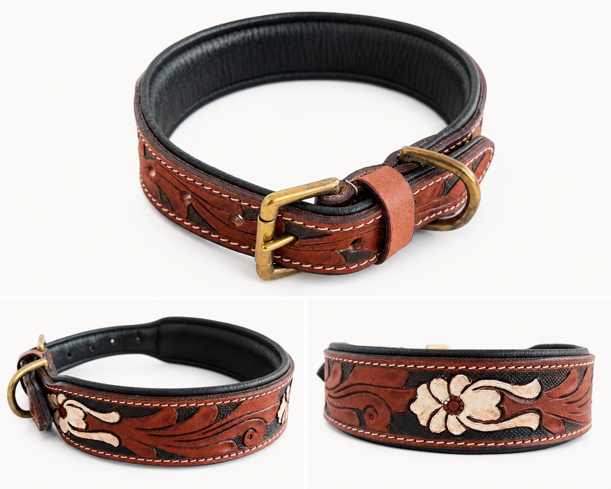 Miraflores Embossed Floral Leather Dog Collar, Tooled Western Saddle Brown