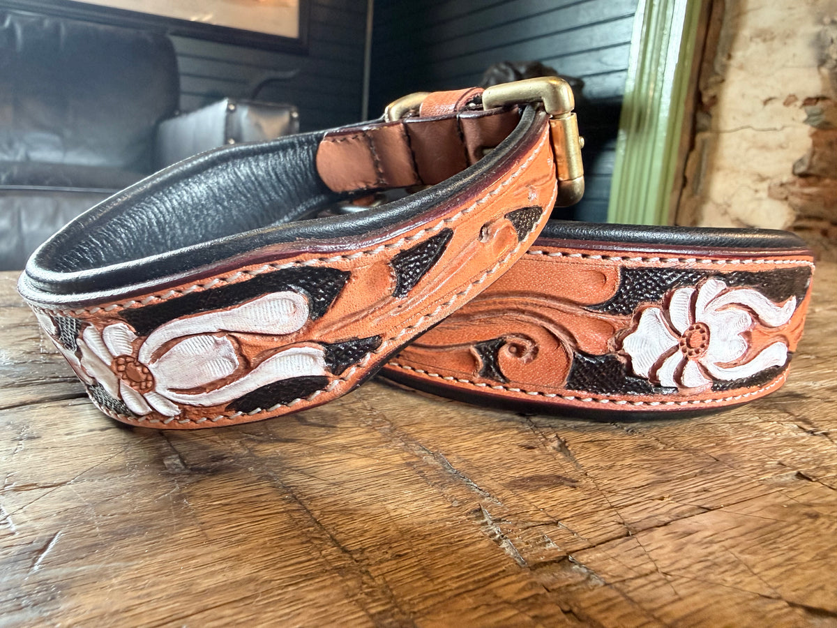 Miraflores Embossed Floral Leather Dog Collar, Tooled Western Saddle Brown