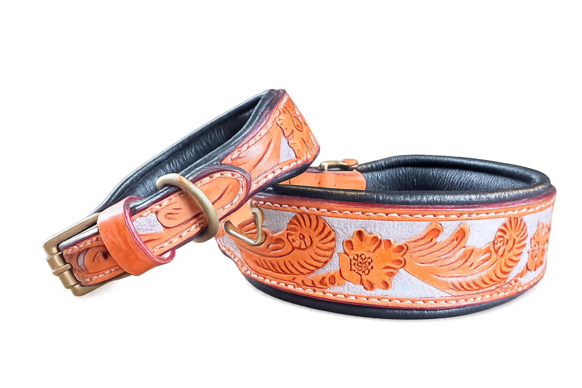 Santa Rosa Hand Tooled Leather Dog Collar, Southwestern Pattern, Solid Brass Hardware