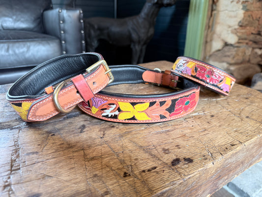 Flores Hand-Tooled and Painted Floral Leather Dog Collar, Soft Liner, Solid Brass Hardware