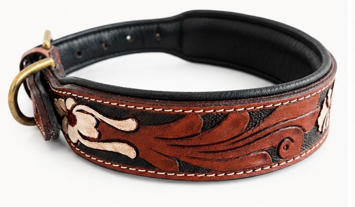 Miraflores Embossed Floral Leather Dog Collar, Tooled Western Saddle Brown