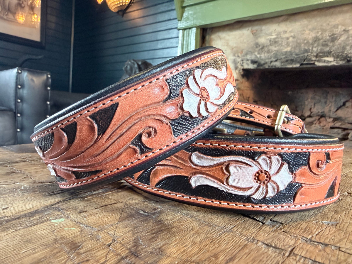 Miraflores Embossed Floral Leather Dog Collar, Tooled Western Saddle Brown
