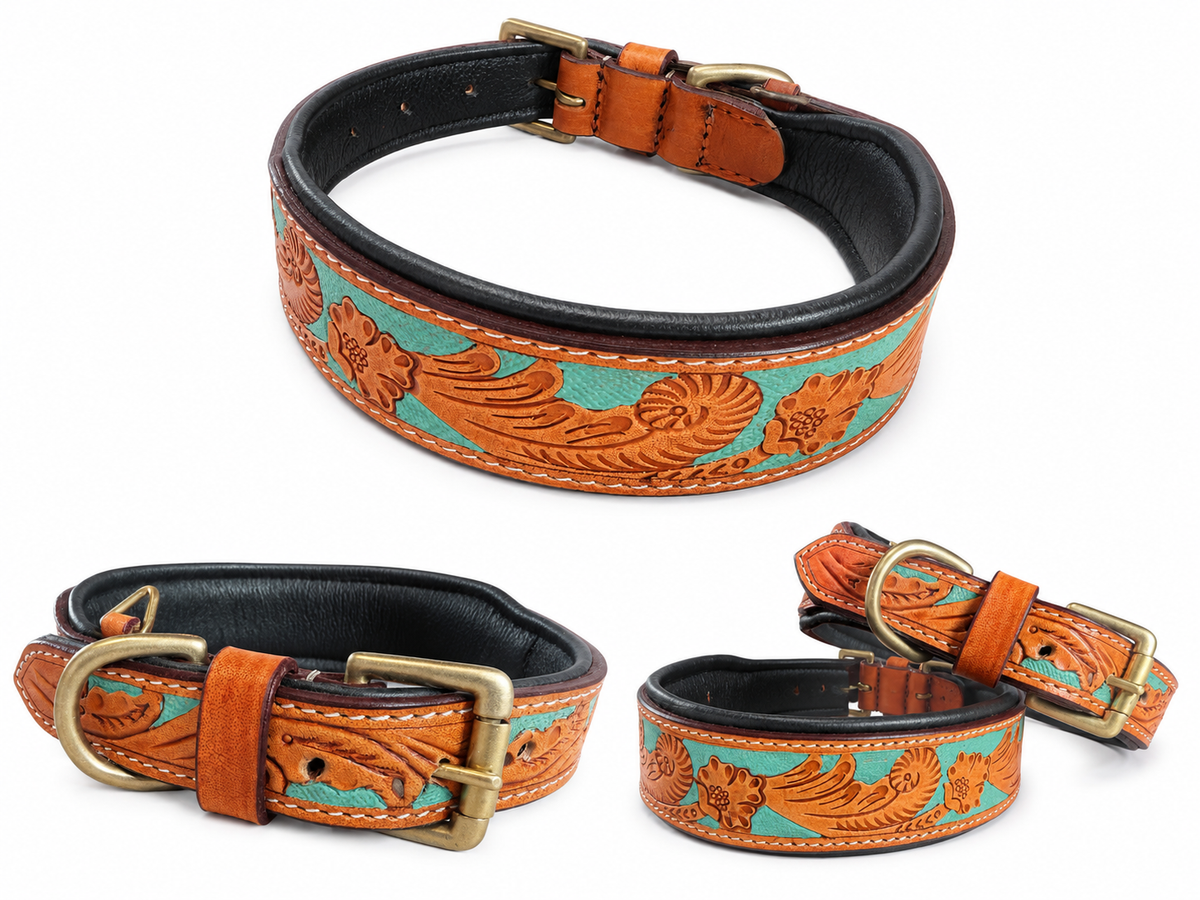 Santa Rosa Hand Tooled Leather Dog Collar, Southwestern Pattern, Solid Brass Hardware
