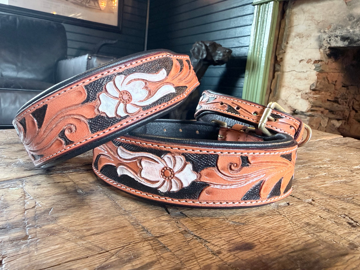 Miraflores Embossed Floral Leather Dog Collar, Tooled Western Saddle Brown