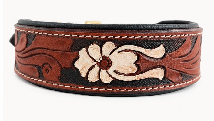 Miraflores Embossed Floral Leather Dog Collar, Tooled Western Saddle Brown
