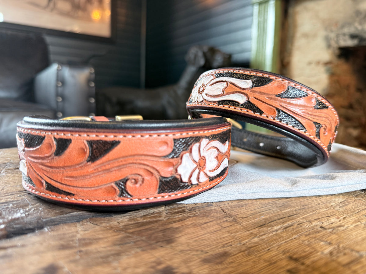 Miraflores Embossed Floral Leather Dog Collar, Tooled Western Saddle Brown