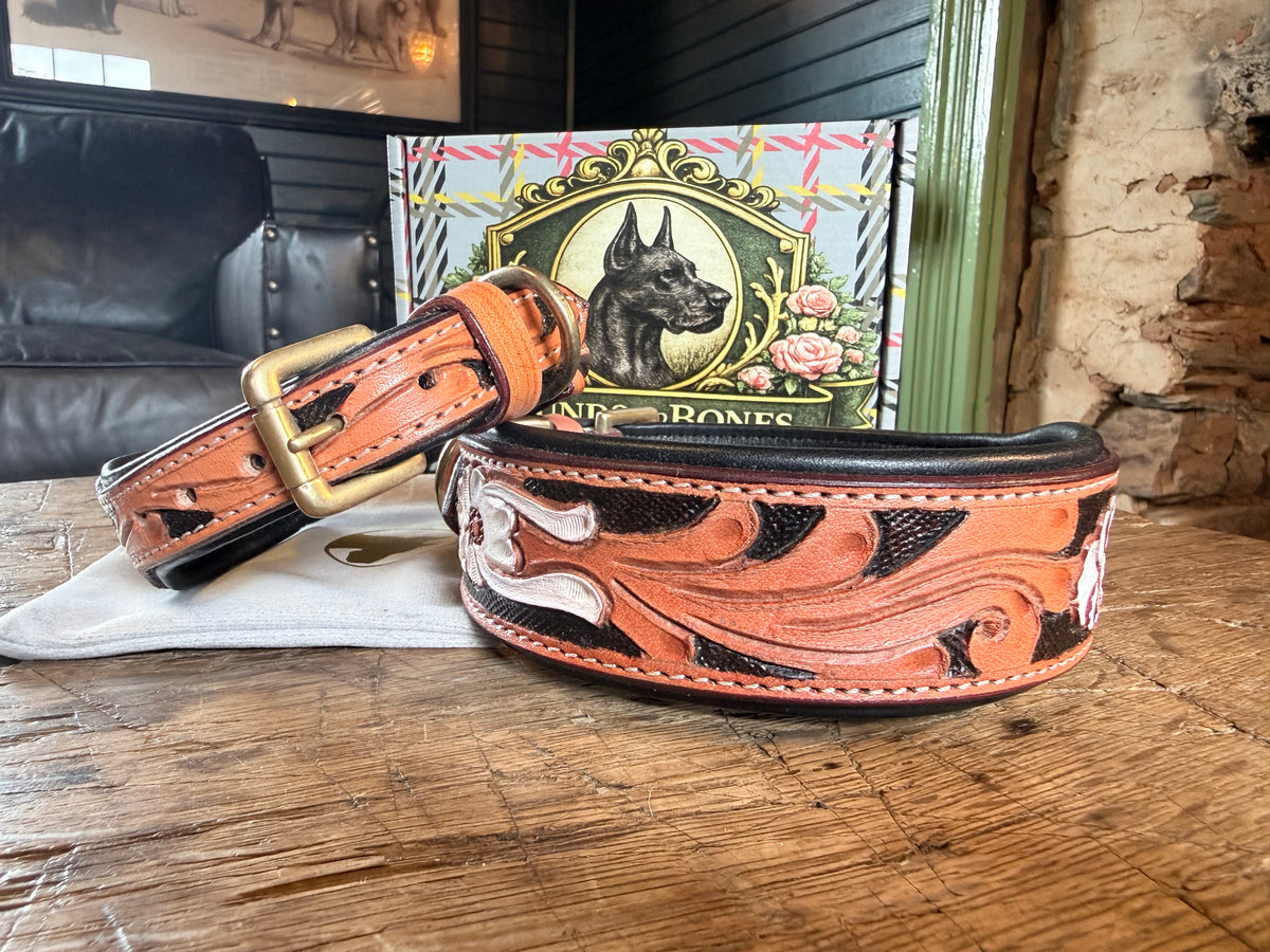 Miraflores Embossed Floral Leather Dog Collar, Tooled Western Saddle Brown