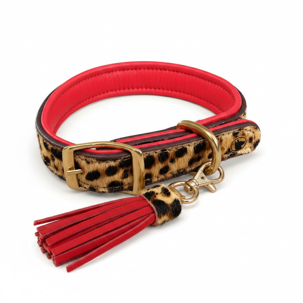 Valmont Collar — Leopard Hair-on-Hide Dog Collar with Red Leather & Tassel