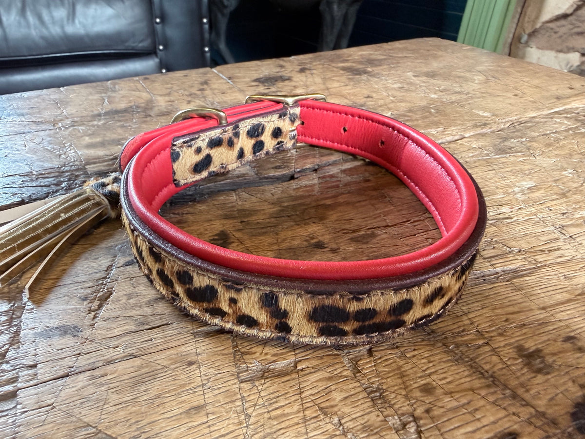 Valmont Collar — Leopard Hair-on-Hide Dog Collar with Red Leather & Tassel