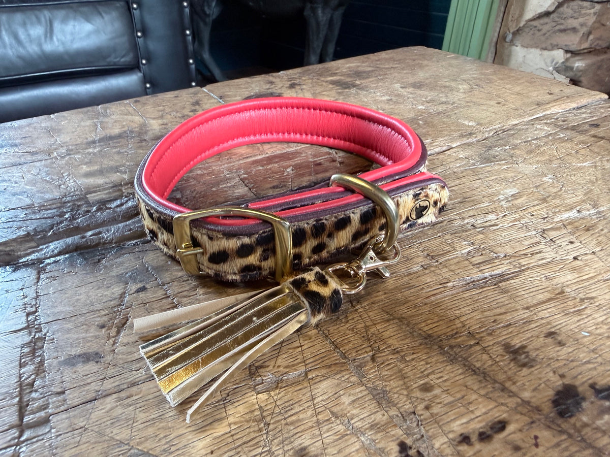Valmont Collar — Leopard Hair-on-Hide Dog Collar with Red Leather & Tassel