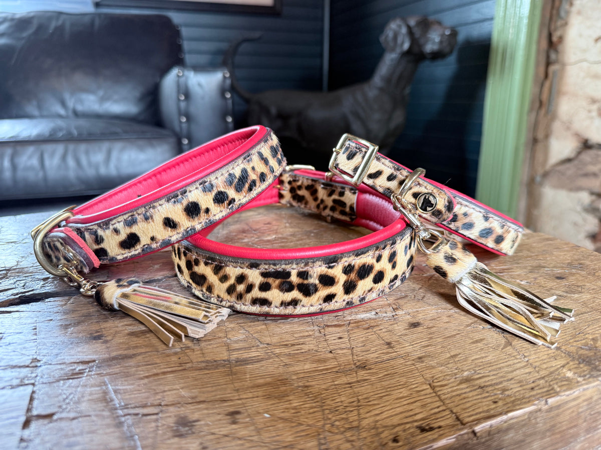 Valmont Collar — Leopard Hair-on-Hide Dog Collar with Red Leather & Tassel