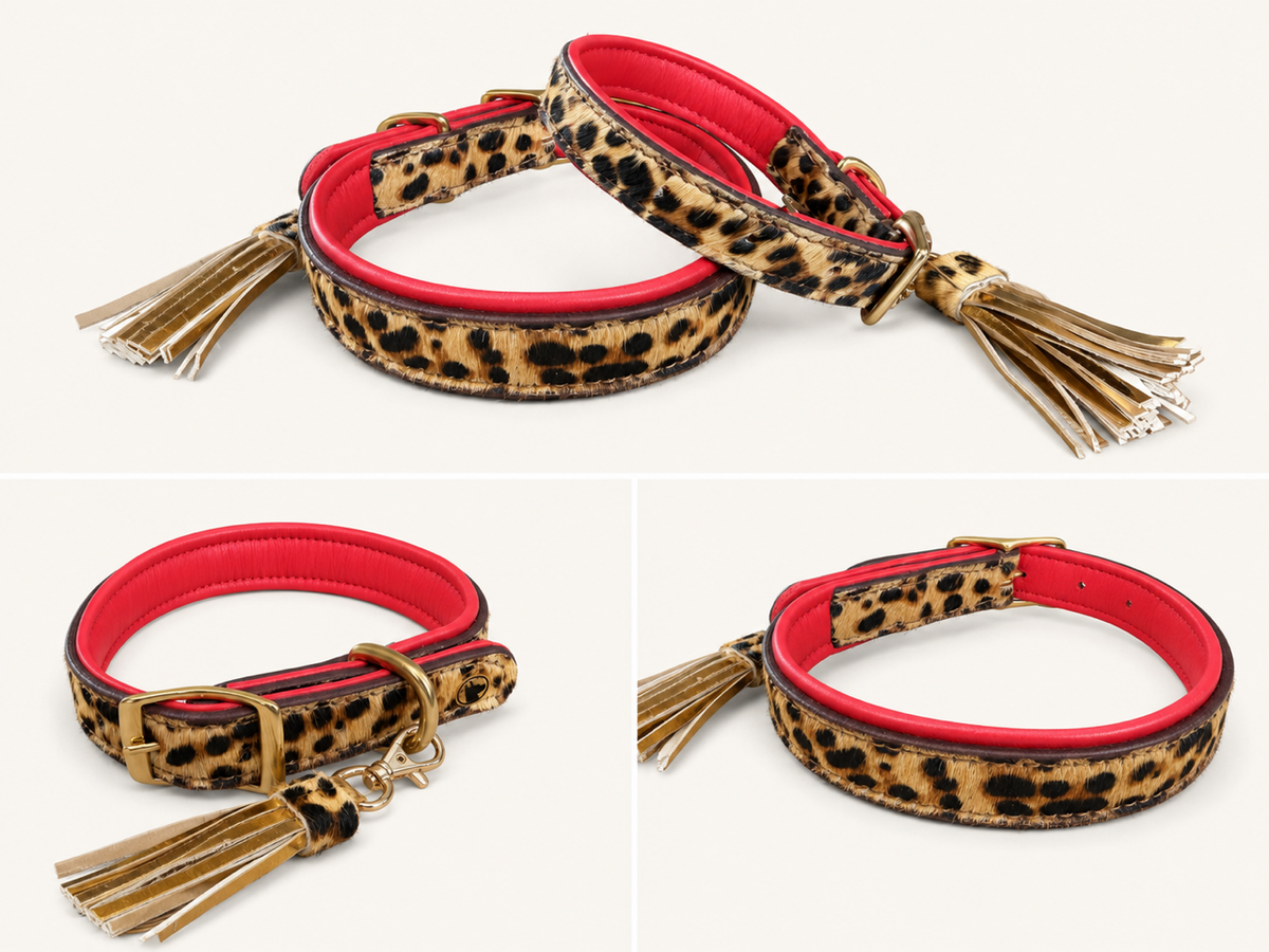 Valmont Collar — Leopard Hair-on-Hide Dog Collar with Red Leather & Tassel
