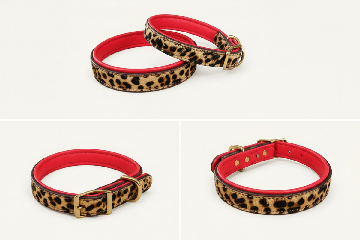 Valmont Collar — Leopard Hair-on-Hide Dog Collar with Red Leather & Tassel