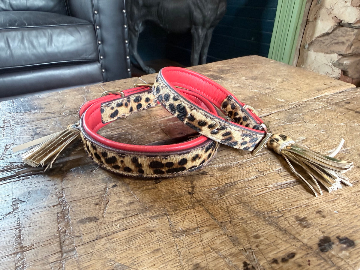 Valmont Collar — Leopard Hair-on-Hide Dog Collar with Red Leather & Tassel