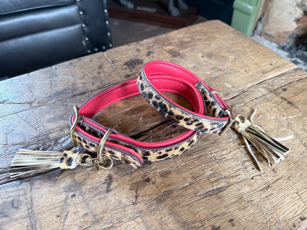 Valmont Collar — Leopard Hair-on-Hide Dog Collar with Red Leather & Tassel