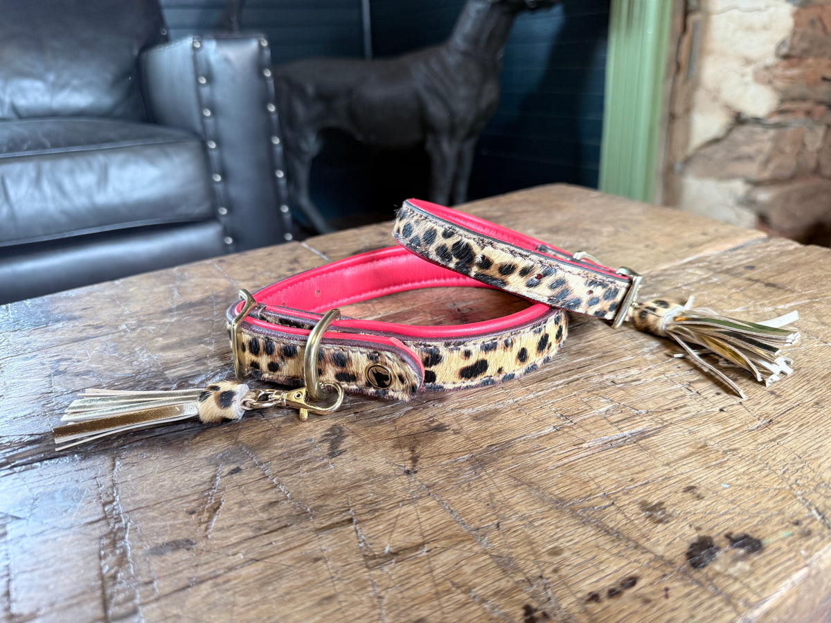 Valmont Collar — Leopard Hair-on-Hide Dog Collar with Red Leather & Tassel
