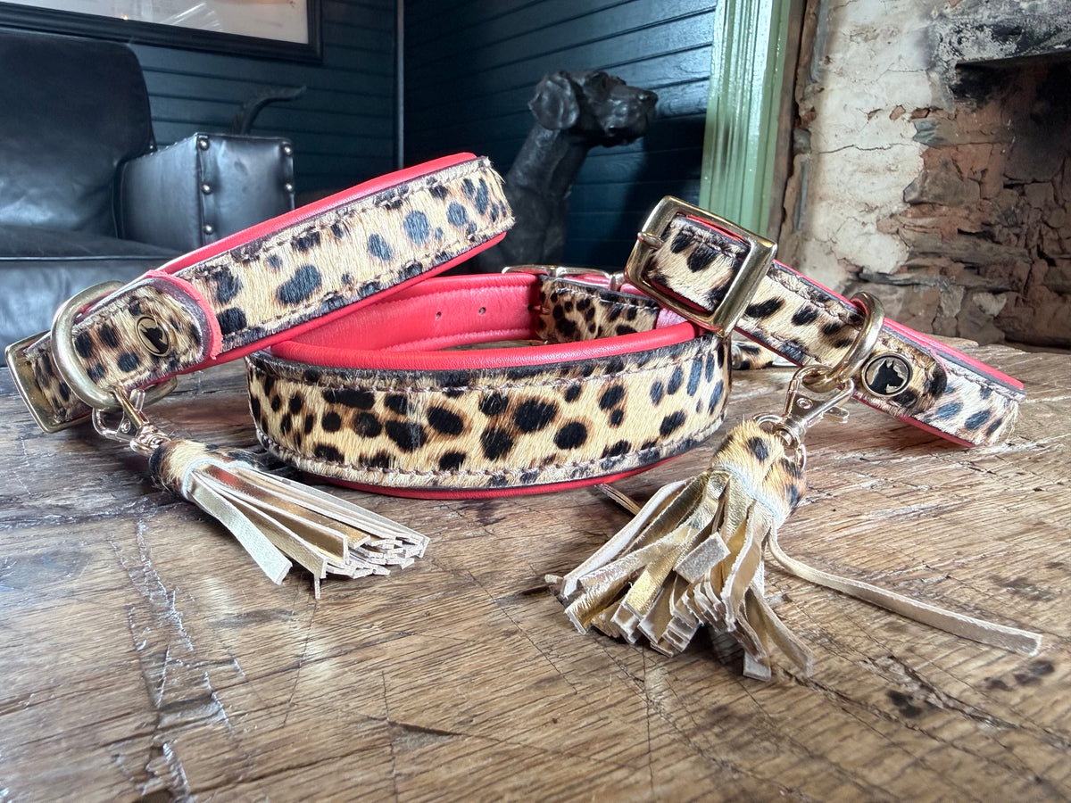 Valmont Collar — Leopard Hair-on-Hide Dog Collar with Red Leather & Tassel