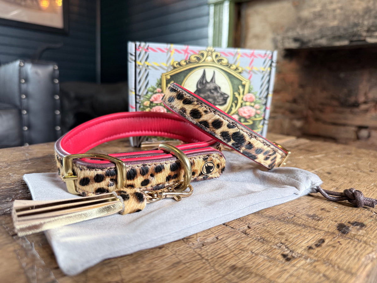 Valmont Collar — Leopard Hair-on-Hide Dog Collar with Red Leather & Tassel